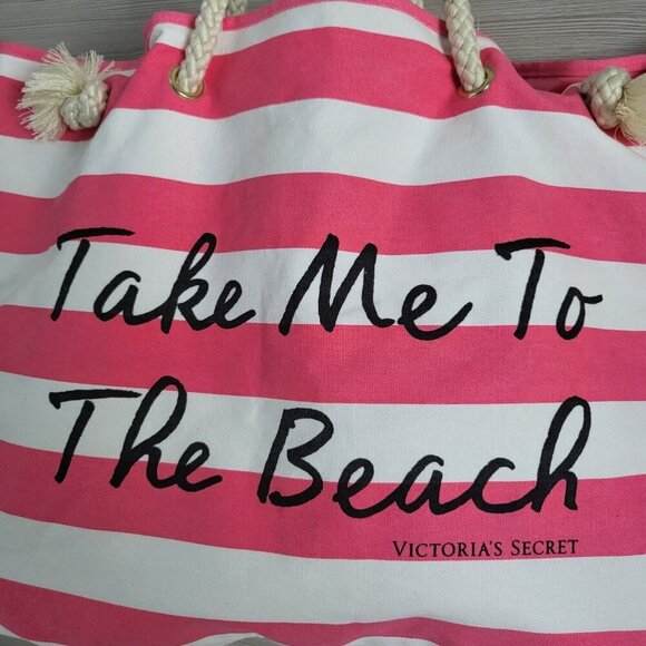 Victorias Secret Pink White Stripe Canvas Take Me To The Beach Tote Rope Handles - Picture 4 of 11